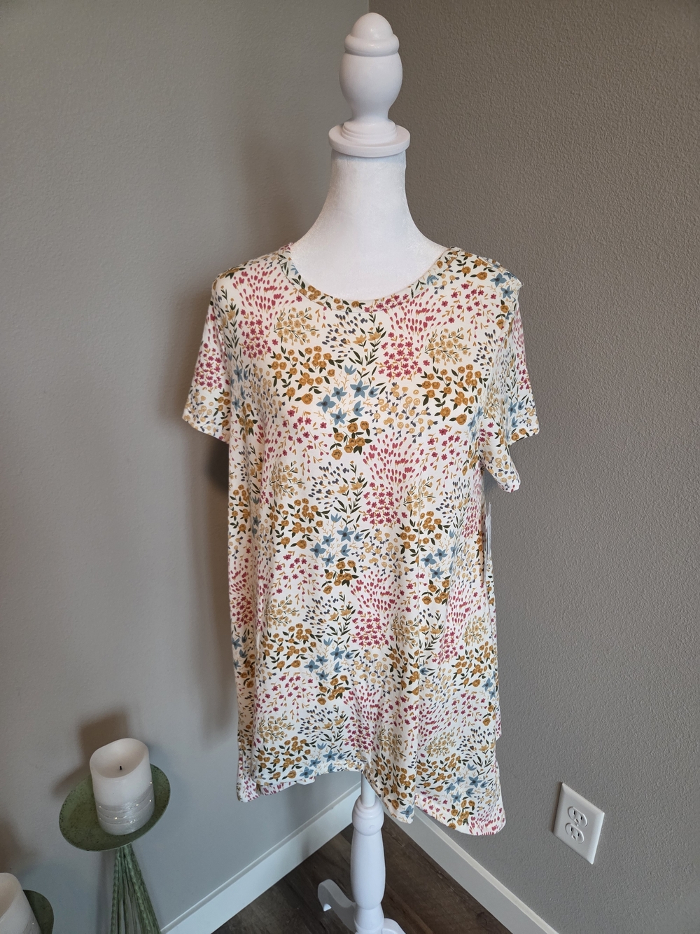 LuLaRoe Short Sleeve Floral Tee - White with Pink, Blue & Mustard